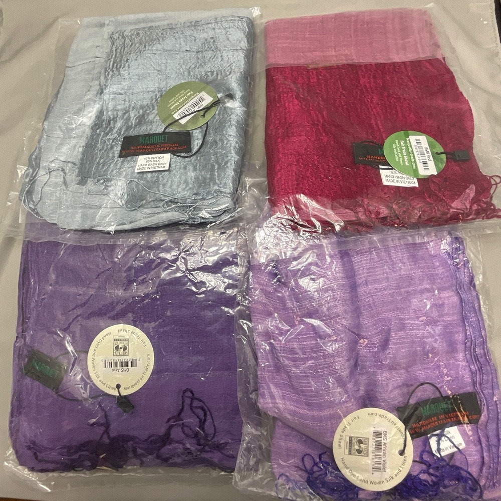 4 Marquet Fair Trade Shawl Scarf Set Large Assorted Colors Silk Cotton Hand Dyed